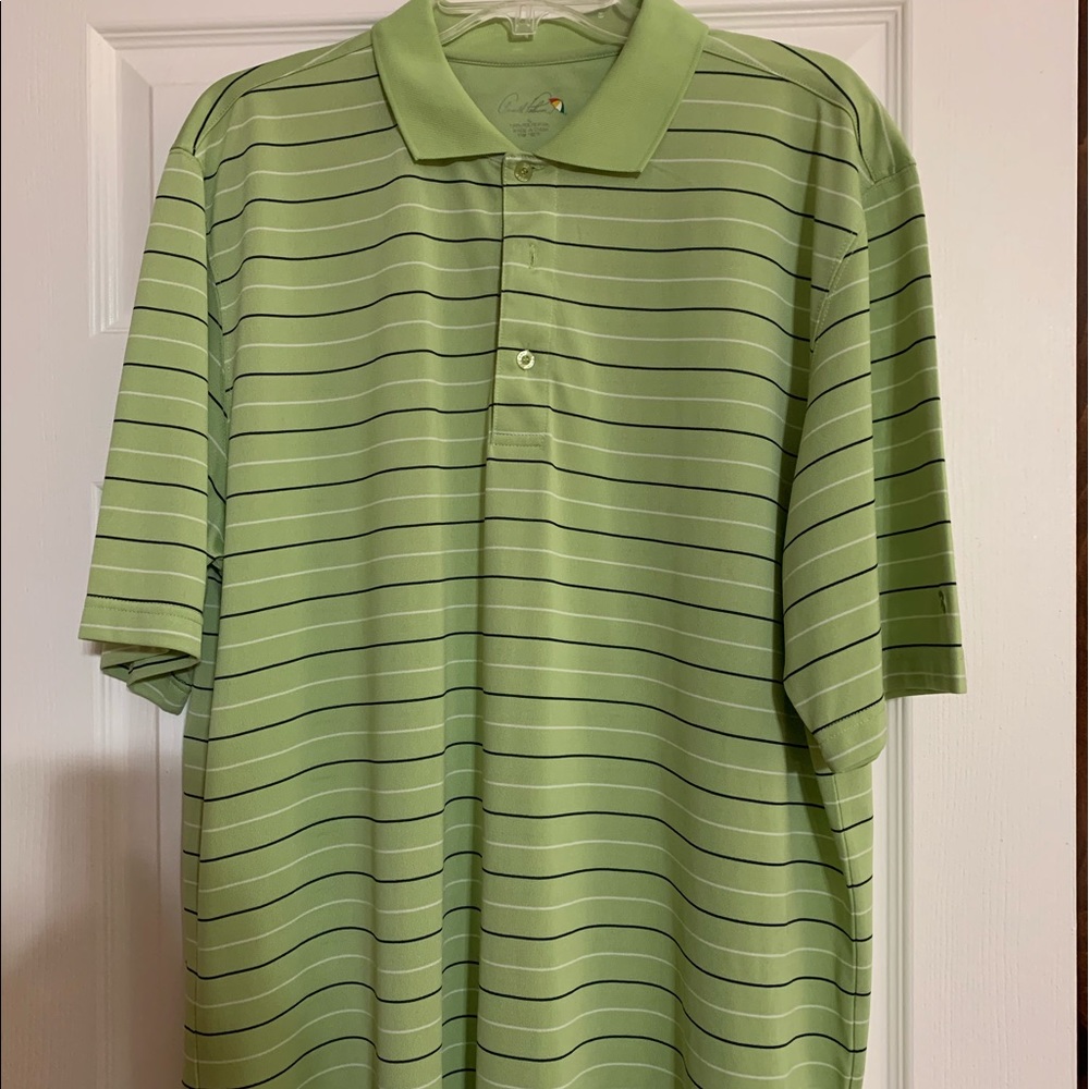 Arnold Palmer green striped golf shirt.